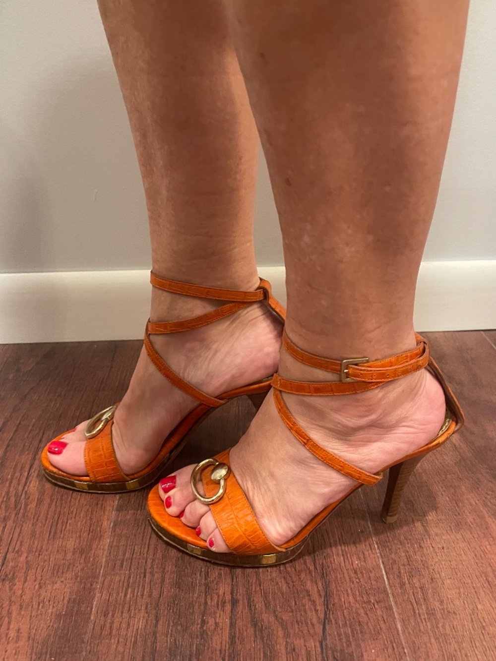 SERGIO ROSSI Orange Alligator High Heel Sandals